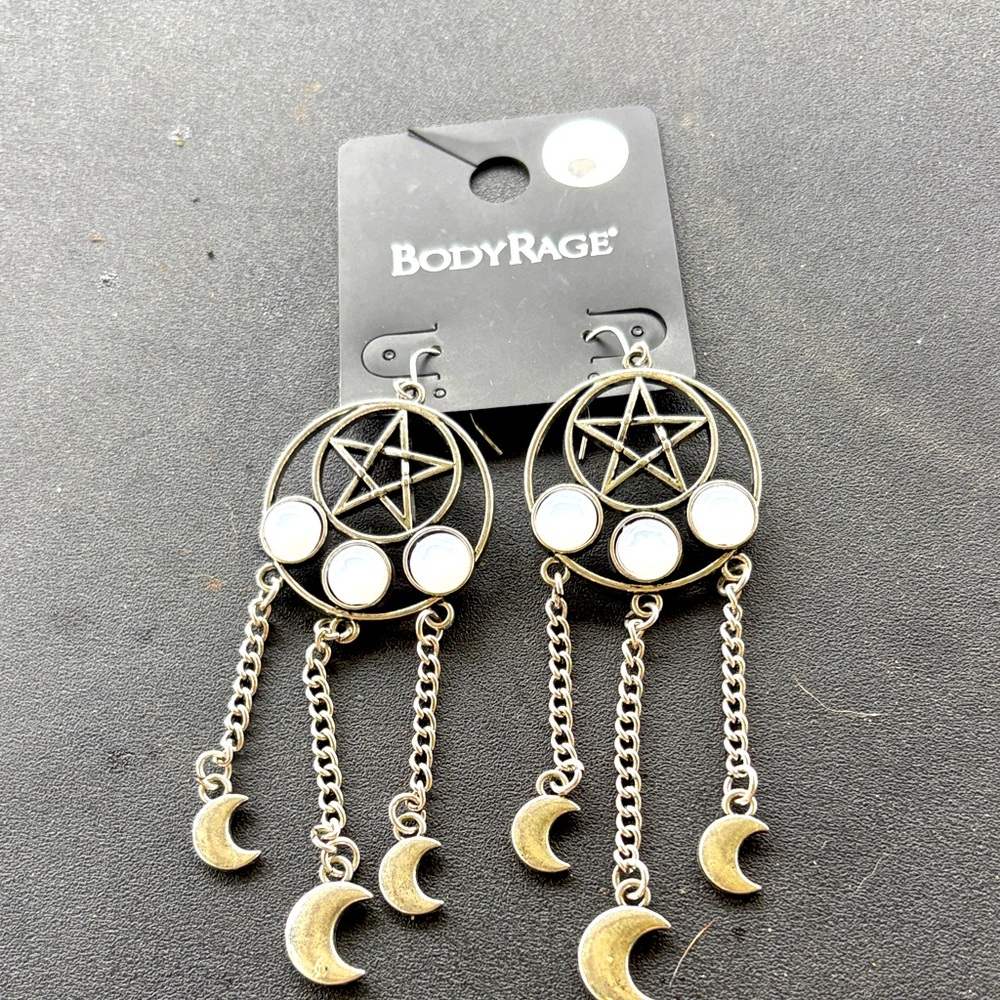 BodyRage Gold Crescent Moon & Pentagram Dangle Earrings - Gold